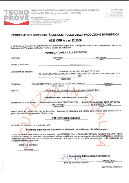 CPR Aggregati UNI EN 12620 per calcestruzzo